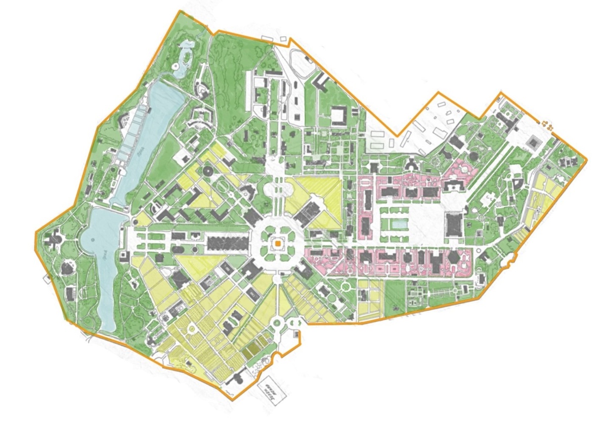 Схема плана ВСХВ на основе архивного плана 1939 года (розовый — сады национальных павильонов, желтый — экспонатные посевы, зеленый — насаждения скверов и парка) 

