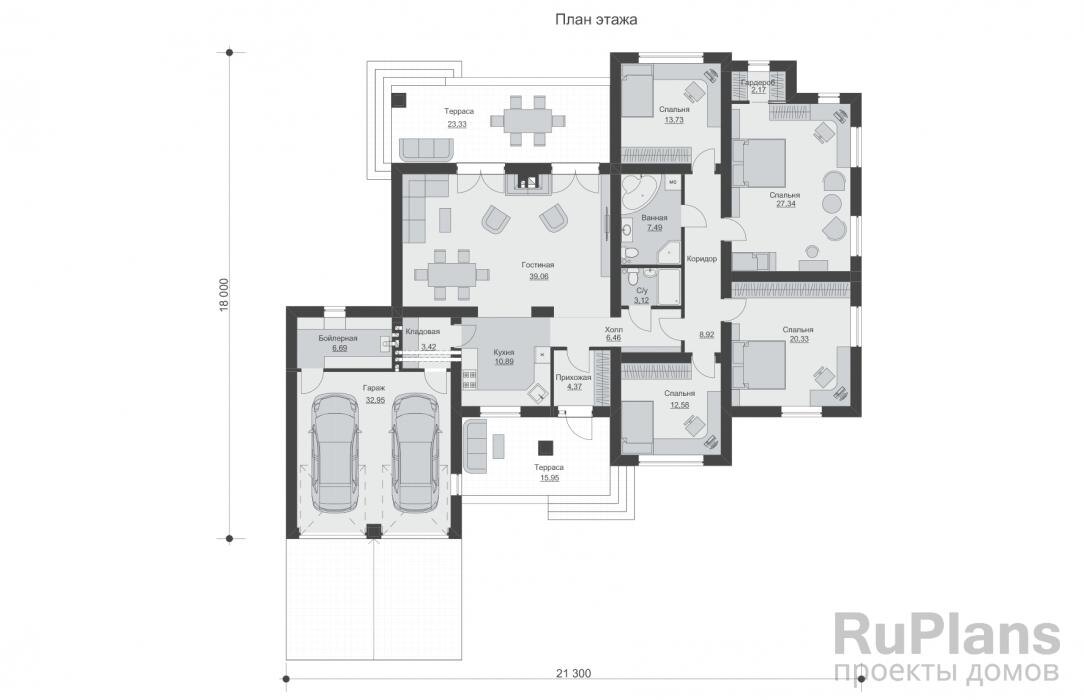 Прихожая - 4,37 м2 Кухня - 10,89 м2 Кладовая - 3,42 м2 Гараж - 32,95 м2 Бойлерная - 6,69 м2 Гостиная - 39,06 м2 Холл - 6,46 м2 С/у - 3,12 м2 Ванная - 7,49 м2 Спальня - 13,73 м2 Гардероб - 2,17 м2 Спальня - 27,34 м2 Спальня - 20,33 м2 Коридор - 8,92 м2 Спальня - 12,58 м2