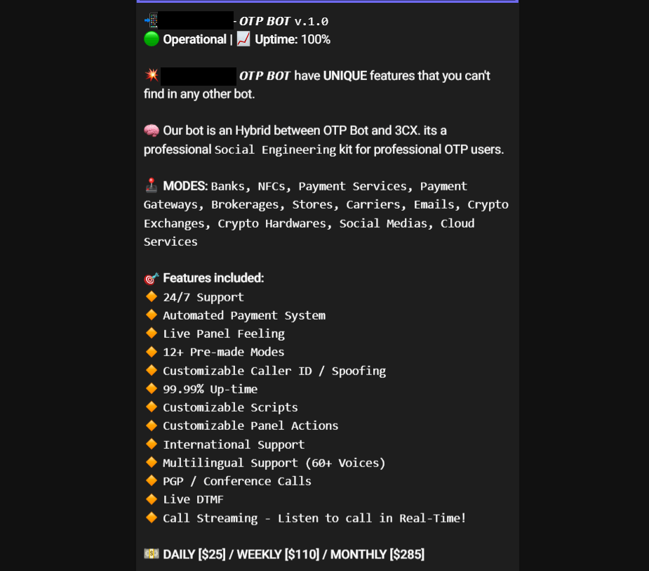 Один из OTP-ботов предлагает более десятка функций — готовые и кастомизированные скрипты на разных языках, двенадцать разных режимов работы и даже техподдержку 24/7