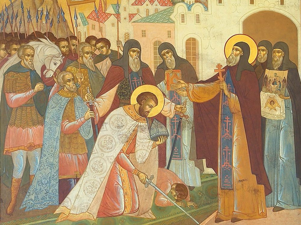 	 Благословение князя Димитрия Донского преподобным Сергием Радонежским. 	Фрагмент росписи Святых врат Троице-Сергиевой Лавры