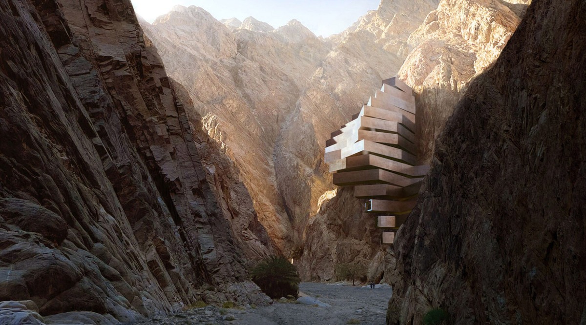 Projects: Mirrored hotel by Shaun Killa | Rock-shaped hotel by Mario Cucinella | Stepped cliffside hotel by Chris van Duijn (OMA) | Geo: Neom, SA