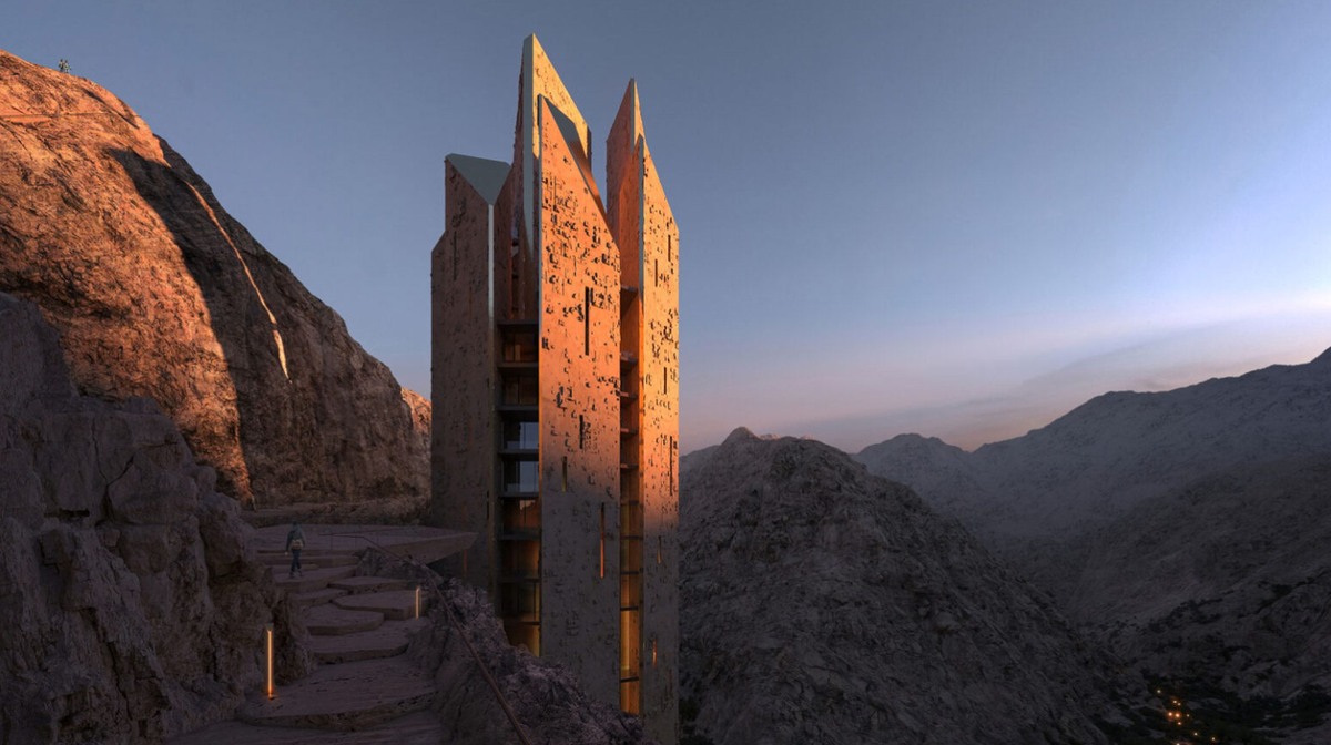 Projects: Mirrored hotel by Shaun Killa | Rock-shaped hotel by Mario Cucinella | Stepped cliffside hotel by Chris van Duijn (OMA) | Geo: Neom, SA