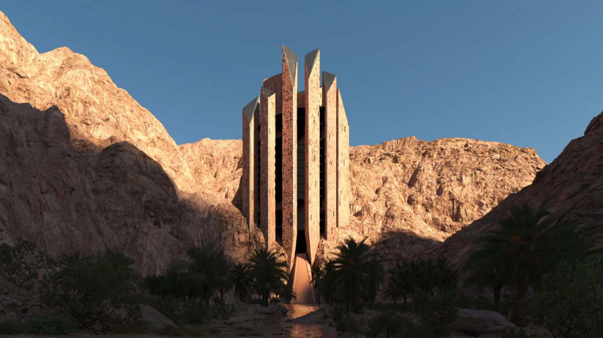 Projects: Mirrored hotel by Shaun Killa | Rock-shaped hotel by Mario Cucinella | Stepped cliffside hotel by Chris van Duijn (OMA) | Geo: Neom, SA