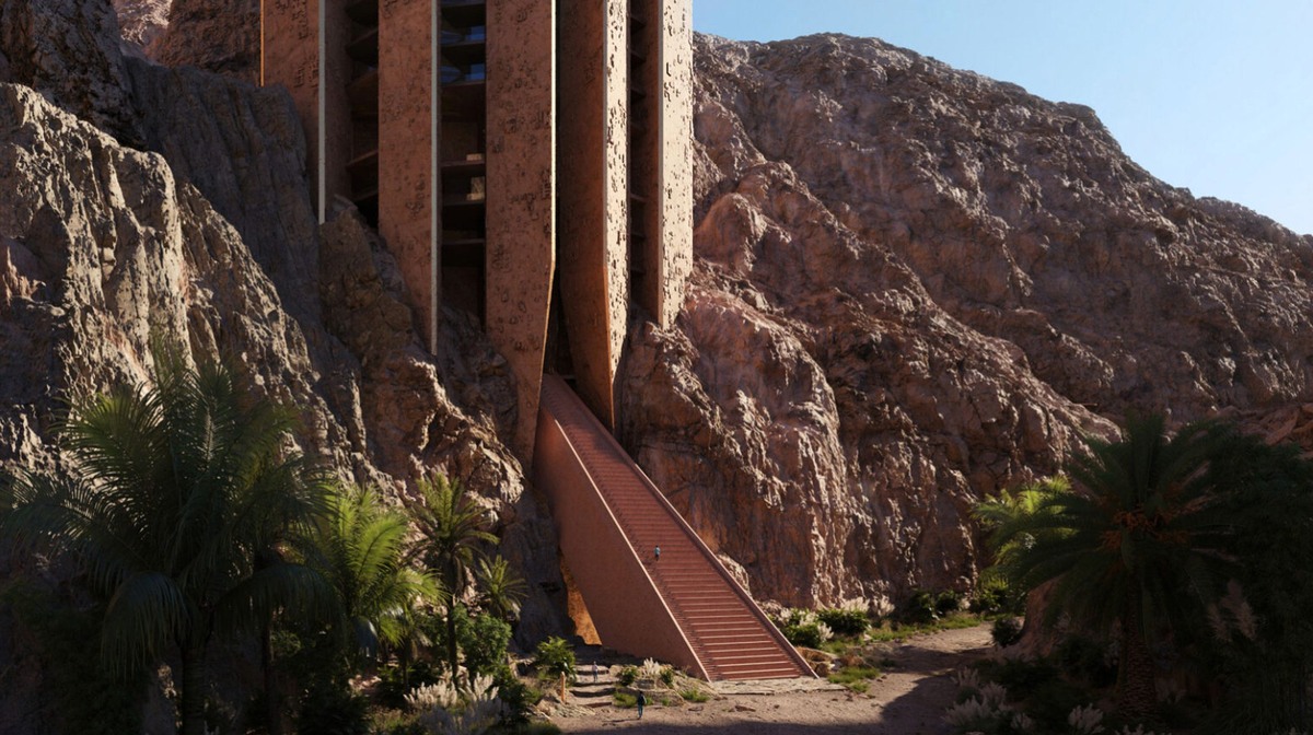 Projects: Mirrored hotel by Shaun Killa | Rock-shaped hotel by Mario Cucinella | Stepped cliffside hotel by Chris van Duijn (OMA) | Geo: Neom, SA