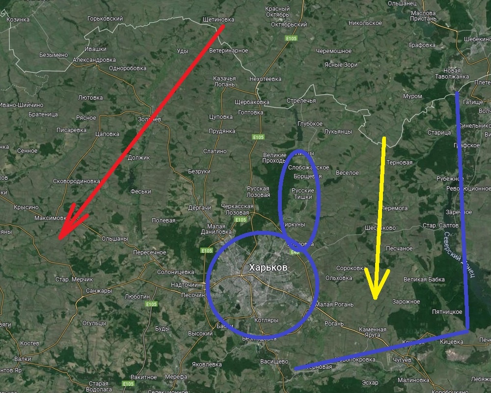 Жёлтая стрелка – предполагаемый удар восточнее Харькова на Чугуев, красная – западнее, на Максимовку. Сиреневым показаны естественные рубежи обороны (пригороды Харькова, сам Харьков и пойма Северского Донца)