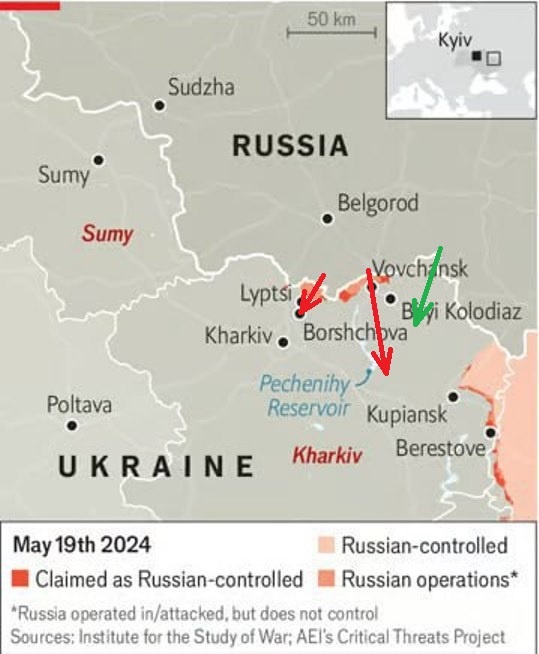 Красными стрелками показаны предполагаемые американцами направления главных ударов, зелёной – более предпочтительное, для выдавливания Северокупянской группировки