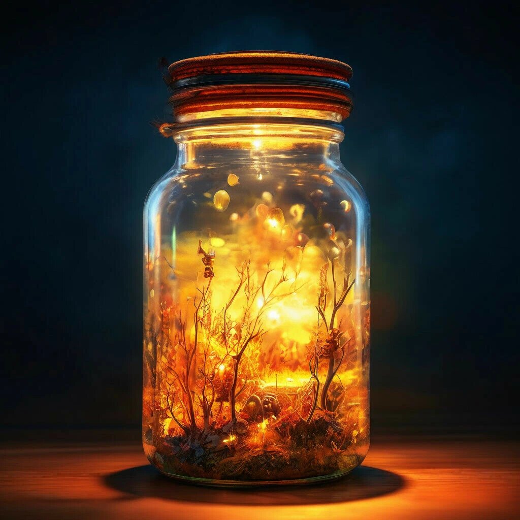 Она передала мне очень маленькую стеклянную баночку. Внутри был свет. Не лампочка, а просто свет. Словно кто-то законсервировал солнечный свет... /Изображение сгенерировано с помощью Шедеврум/