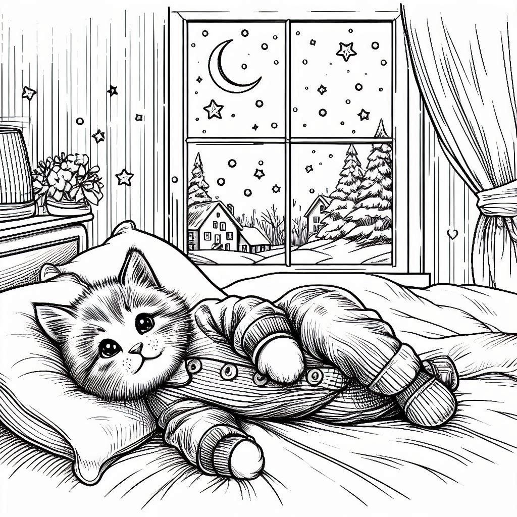 Раскраска котенок в пижаме на кровати