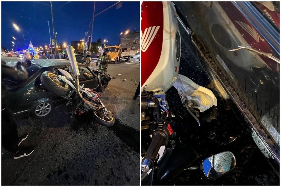    Мотоциклист влетел в легковушку на перекрестке набережной Обводного канала и Митрофаньевского шоссе. Фото: t.me/Megapolisonline