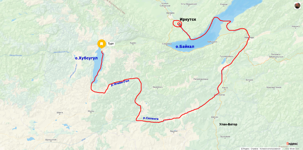 Карта маршрута. из Хубсугула в Байкал. 