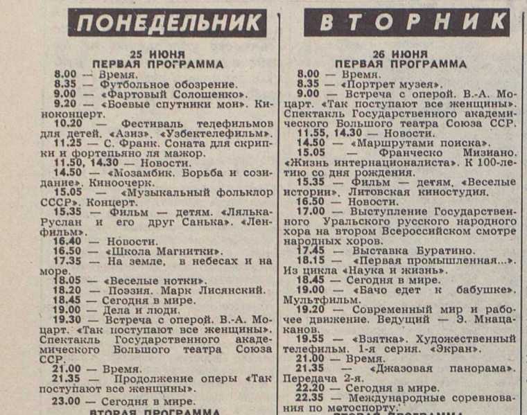 Телепрограмма на 25-26 июня 1984-го года - Первая программа