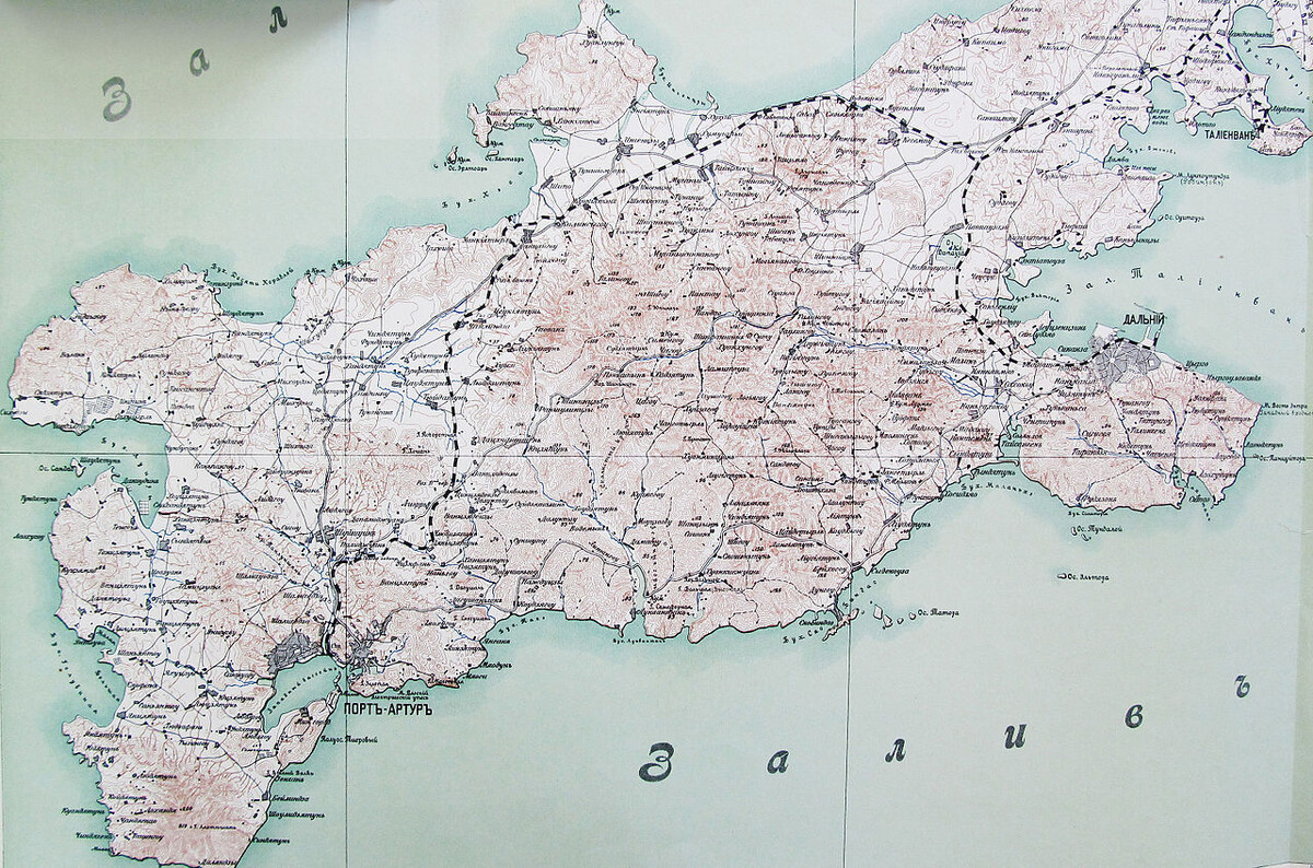 Русскоязычная карта Ляодунского полуострова (фрагмент) 1910 года выпуска. Масштаб: 3 версты в дюйме (420 метров в сантиметре)