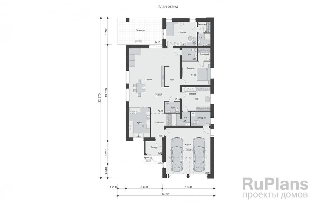 Тамбур - 4,48 м2 Прихожая - 8,00 м2 Гараж- 42,90м2 Бойлерная - 5,70 м2 С/у - 4,84 м2 Гардероб - 14,02 м2 С/у - 3,4 м2 Спальня - 14,03 м2 С/у - 3,86 м2 Гардероб - 3,29 м2 С/у - 3,38 м2 Гардероб - 2,85 м2 Спальня - 15,57 м2; Холл - 17,10 м2; Гостиная - 43,93 м2; Кухня - 12,98 м2