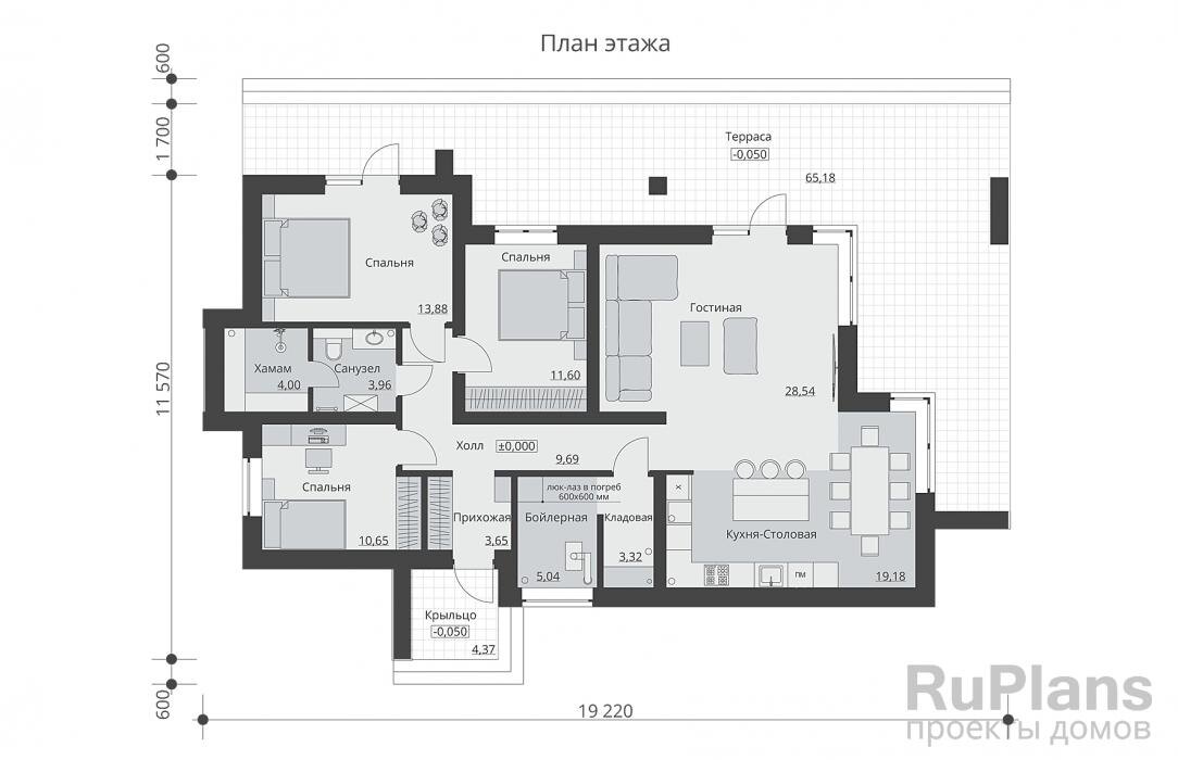 Прихожая - 3,65 м2 Бойлерная - 5,04 м2 Кладовая - 3,32 м2 Кухня-столовая - 19,18 м2 Гостиная - 28,54 м2 Спальня - 11,60 м2 Спальня - 13,88 м2 Холл - 9,69 м2 С/у - 3,96 м2 Хамам - 4,00 м2ССпальня - 10,65 м2