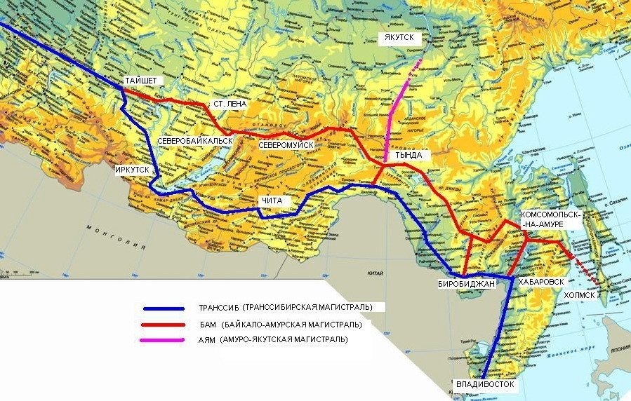 Синим цветом - Транссиб, красным - БАМ. Картинка взята из открытых источников.