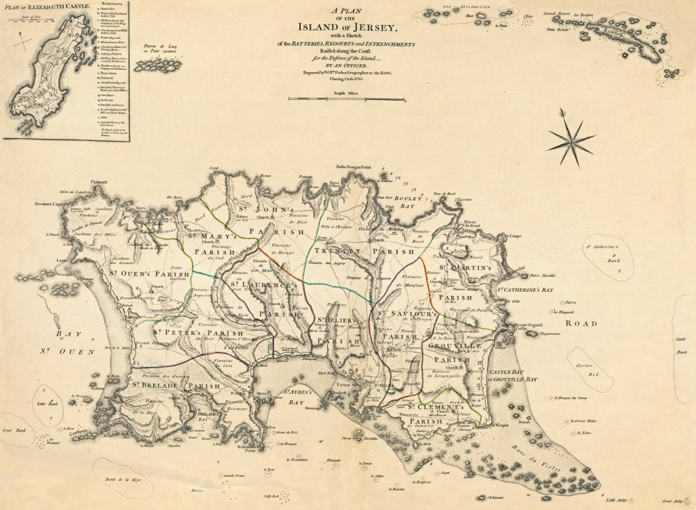 Карта острова Джерси 1783 года - совсем недавно французы пытались захватить остров в рамках помощи мятежным Тринадцати Колониям, как всегда безуспешно.