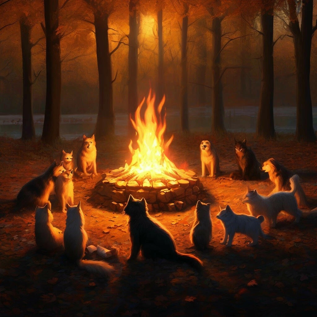 Волшебная поляна с волшебными домашними питомцами в приморской тайге. Поздняя осень. Вечер.  https://shedevrum.ai/ используется только с целью иллюстрации