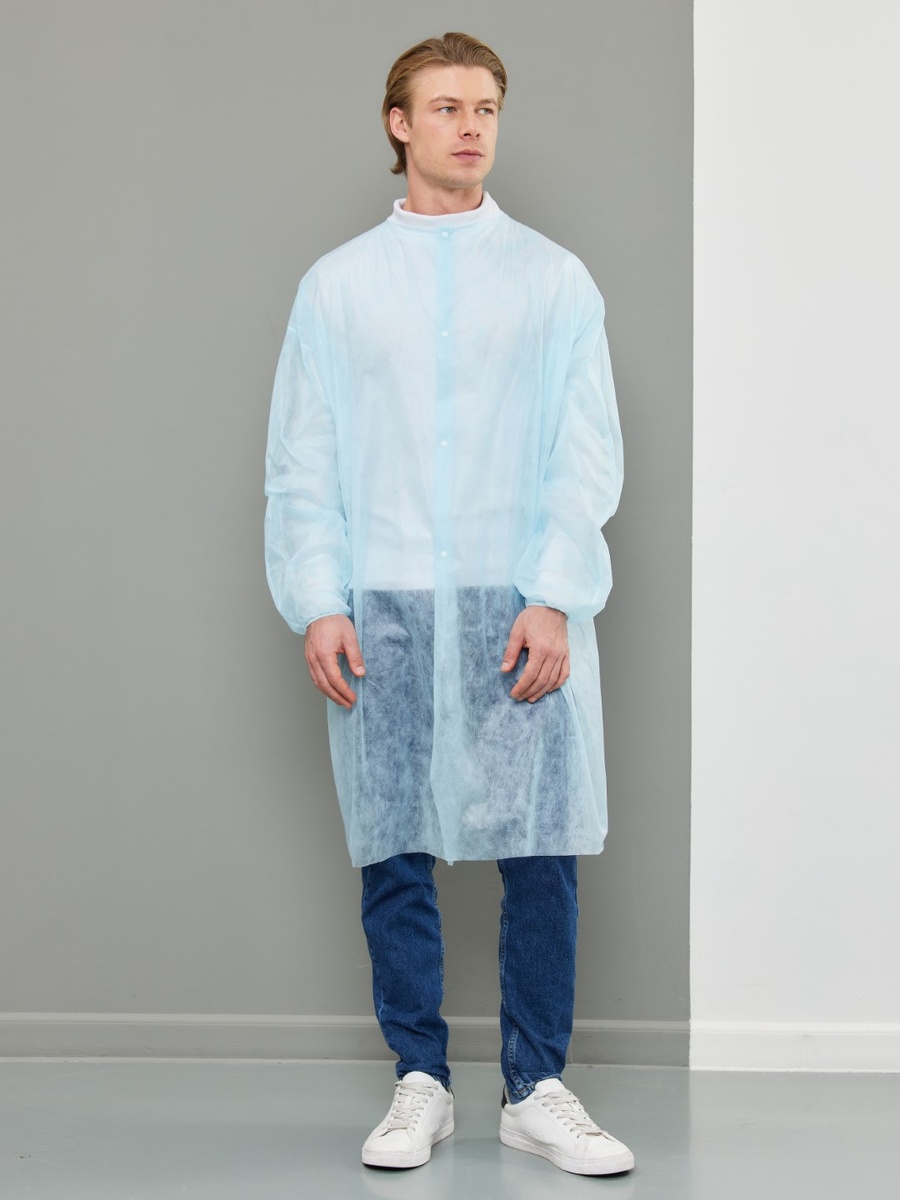 Халат одноразовый на липучке голубой, плотность 25гр/м