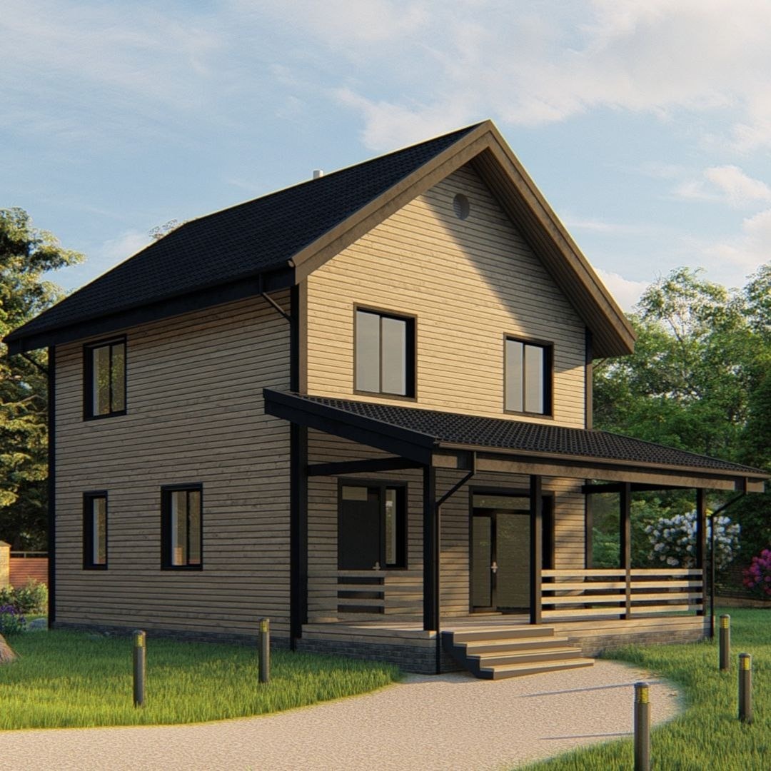 Отличный вариант проекта для загородного дома с большой террасой! 
На первом этаже расположена большая кухня-гостиная, сауна, санузел, котельная и кладовая. Выход на террасу из гостиной.