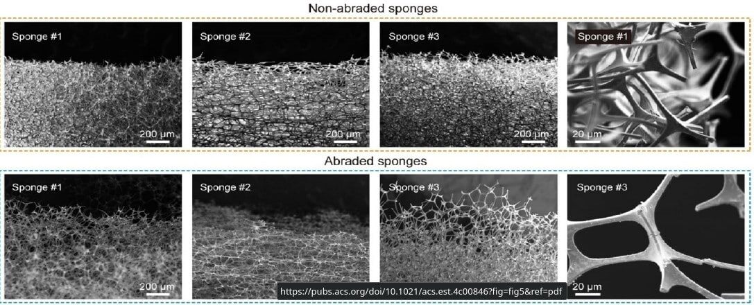    Микрофотографии меламиновых губок до и после истирания, сделанные с помощью сканирующего электронного микроскопа / © Environmental Science & Technology, 2024, Yu Su, Chenqi Yang et al.