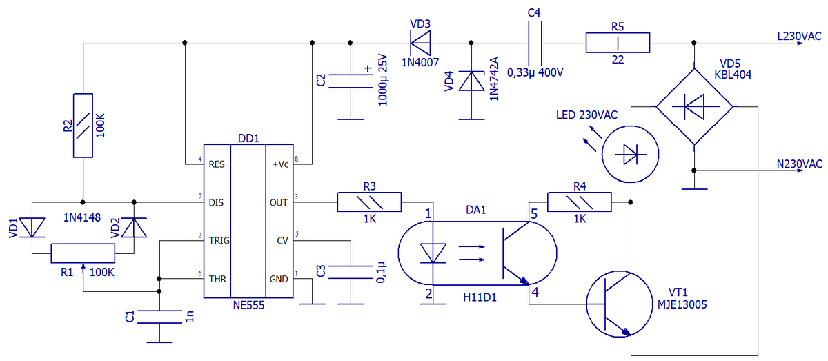 Схема электрическая принципиальная диммера для LED-лампы