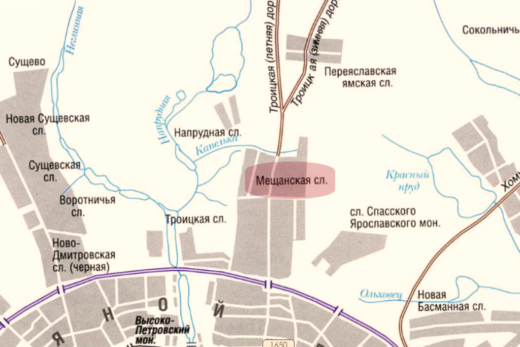 Мещанская слобода на карте «Слободы Москвы в XVII в.». retromap.ru