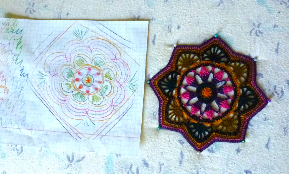 Пряжа Ирис. Выбрала самые яркие и сочные оттенки. Сделала ошибку. Остановилась на таком этапе.