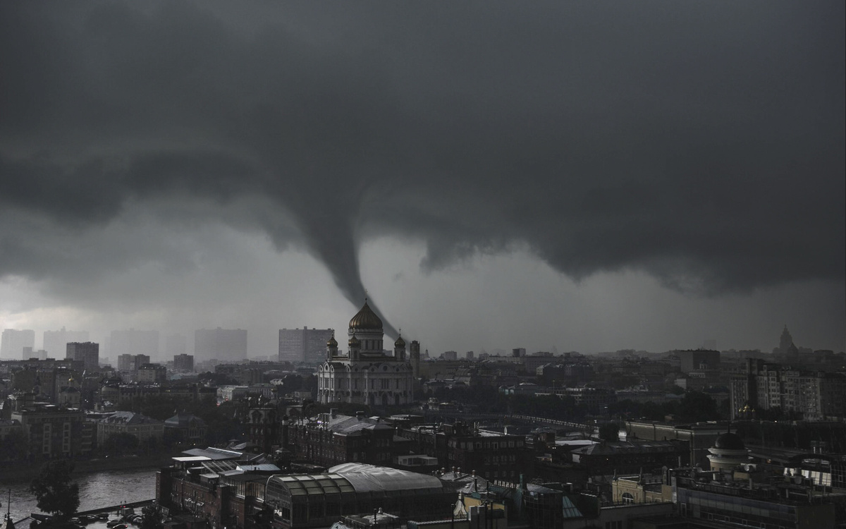 Воронка или смерч в районе Храма Христа Спасителя. Фото из телеграмм.