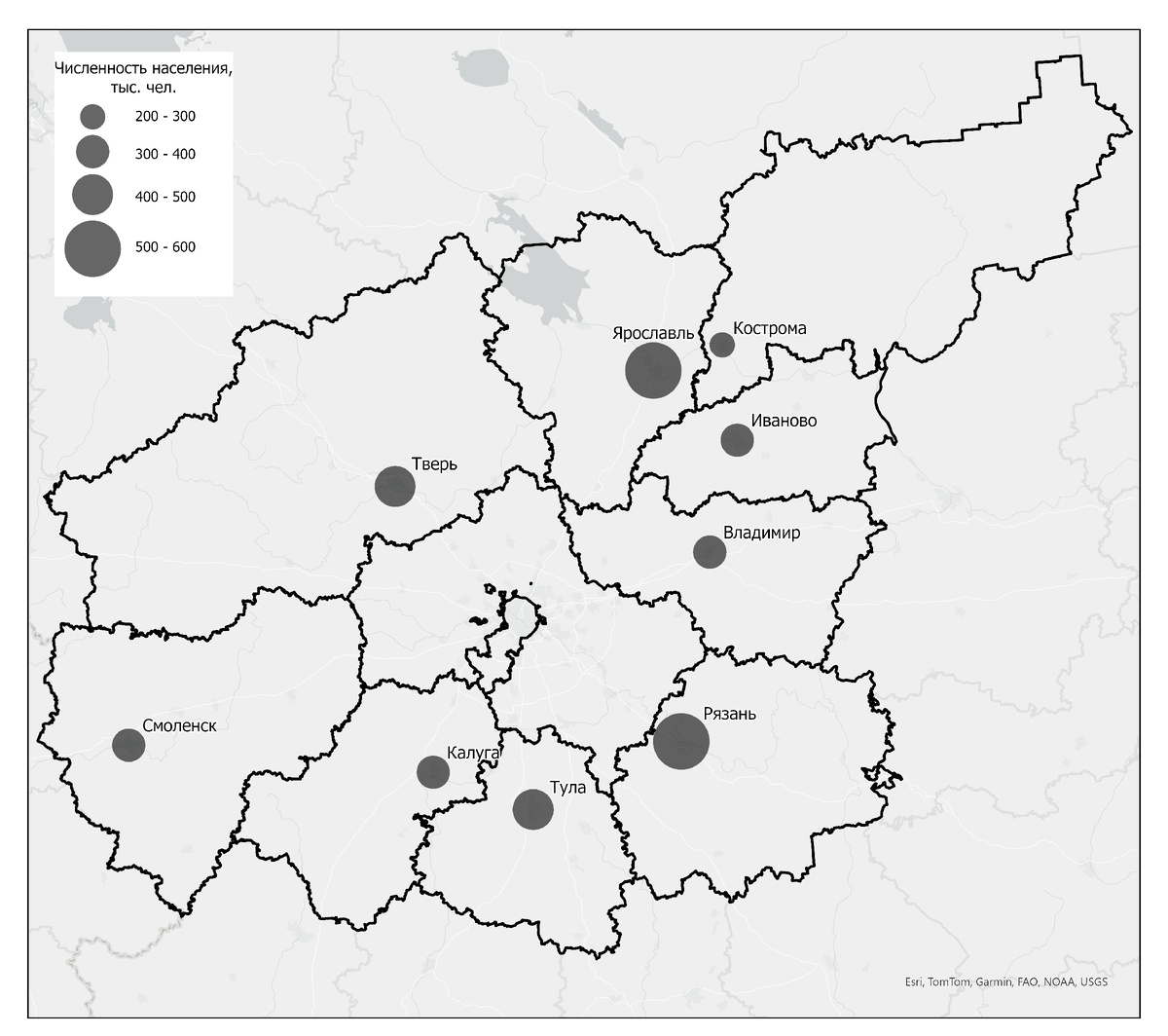 Численность населения областных "столиц" Центрального экономического района (составлено авторами по данным переписи 2021)  