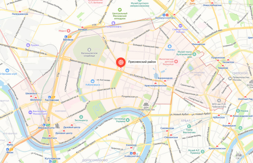 2024 год. Границы Пресненского района все те же. Яндекс карты