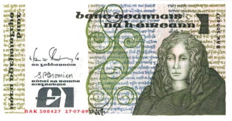 Портрет Медв на банкноте в один фунт Банка Ирландии. Надпись на банкноте: "Женщина, которая правила Ирландией".