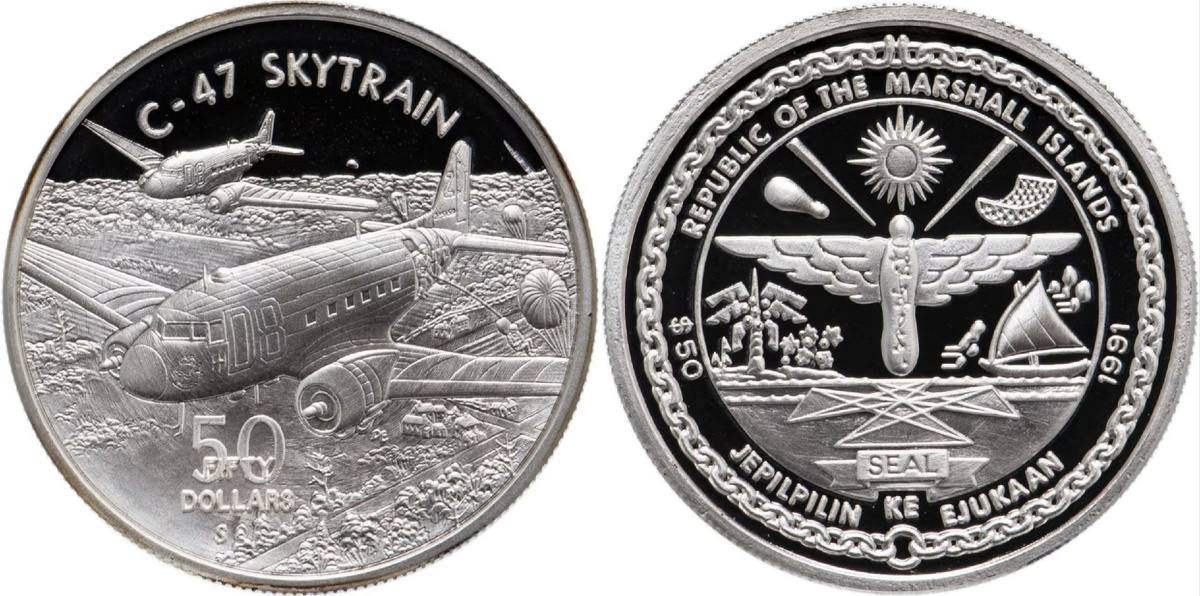 Республика Маршалловы Острова - 50 долларов 1991 года выпуска с изображением двухмоторного военно-транспортного самолёта Дуглас "C-47" (серебряный сплав "999", масса драгметалла в чистоте - 31,1 грамма)