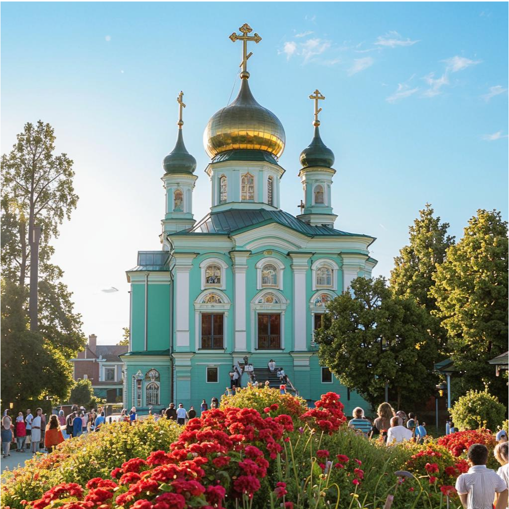  Символическая архитектура православного храма в день Троицы, с орнаментами и куполами, окруженными зеленью и цветами. Вдали видны люди, входящие в храм для участия в богослужении, создающие атмосферу торжества и духовного созерцания