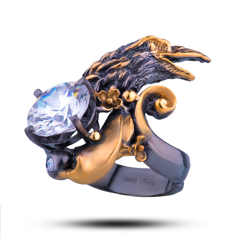 Мужское кольцо "Ворон", камень фианит