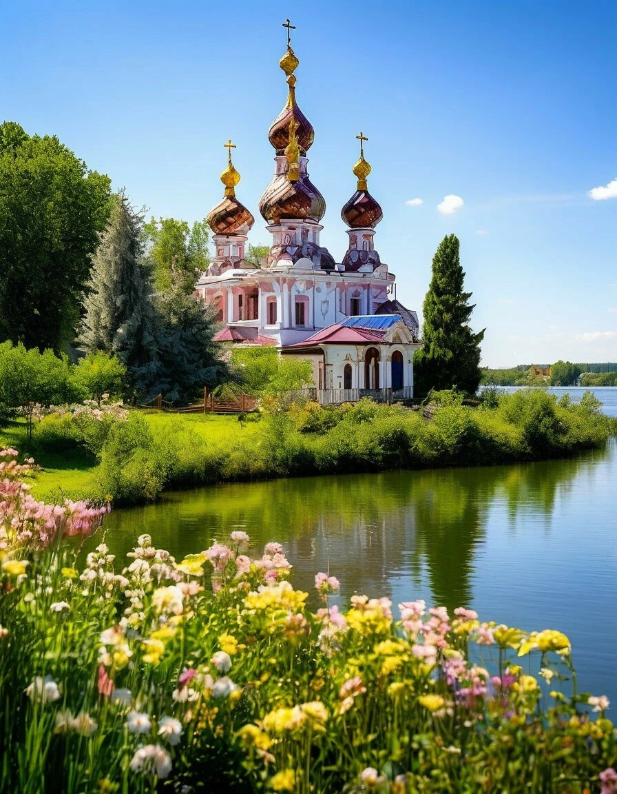 Промпт: Святыня русской веры среди цветущего сада на берегу озера