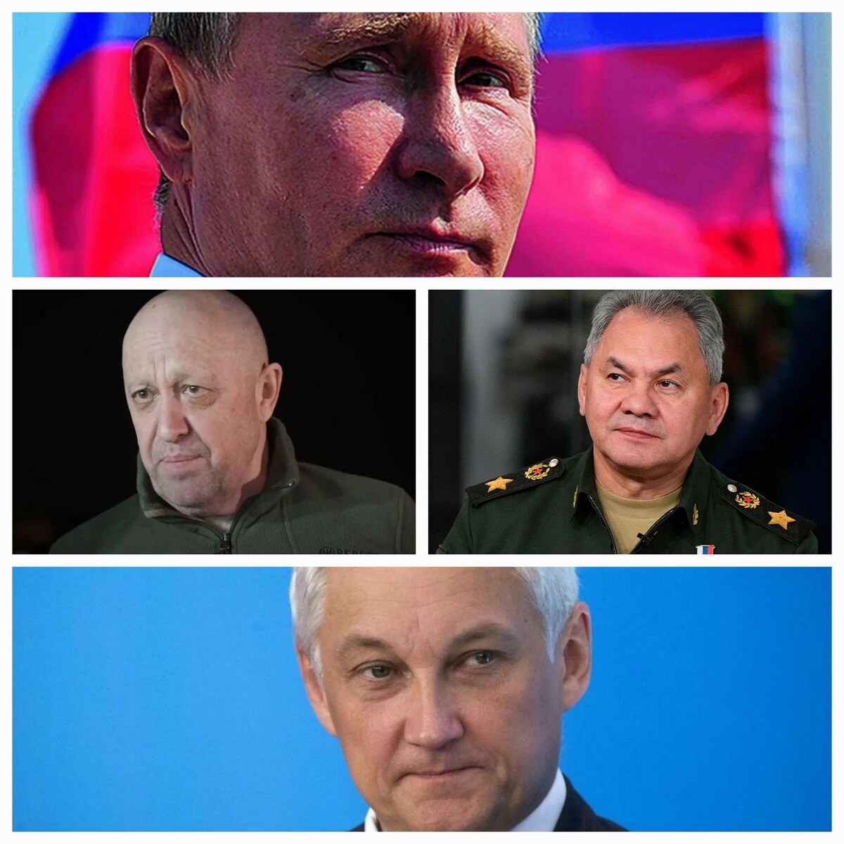 Коллаж. Путин, Пригожин, Шойгу, Белоусов. Фото из открытых источников.