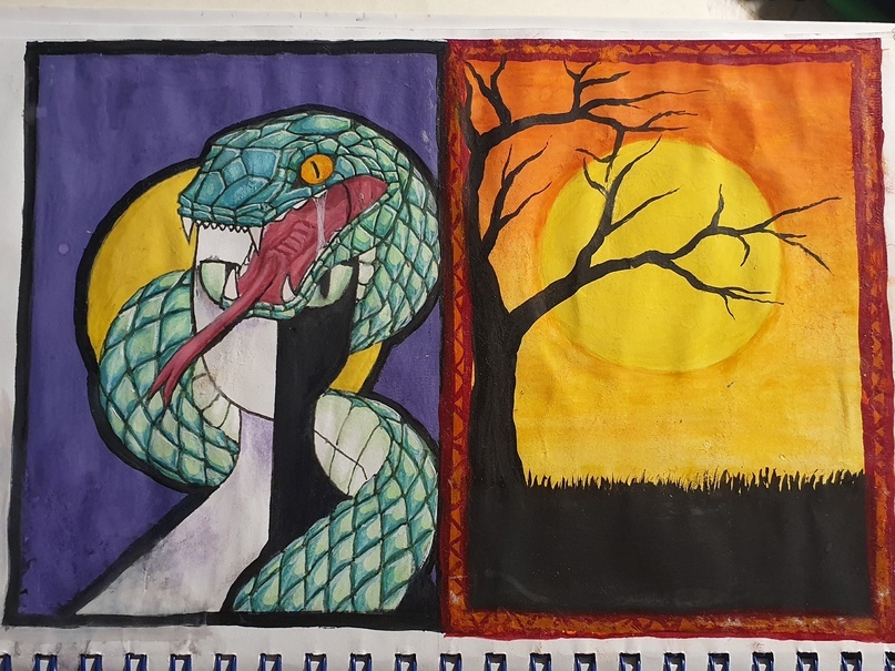 Картины Маринетт Мортем - 1. Змея на фоне луны и муляж черно-белого человека и Лунный закат в желтом 