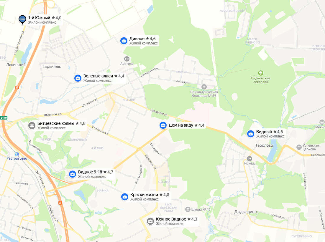 На карте обозначены Жилые комплексы в городе. 