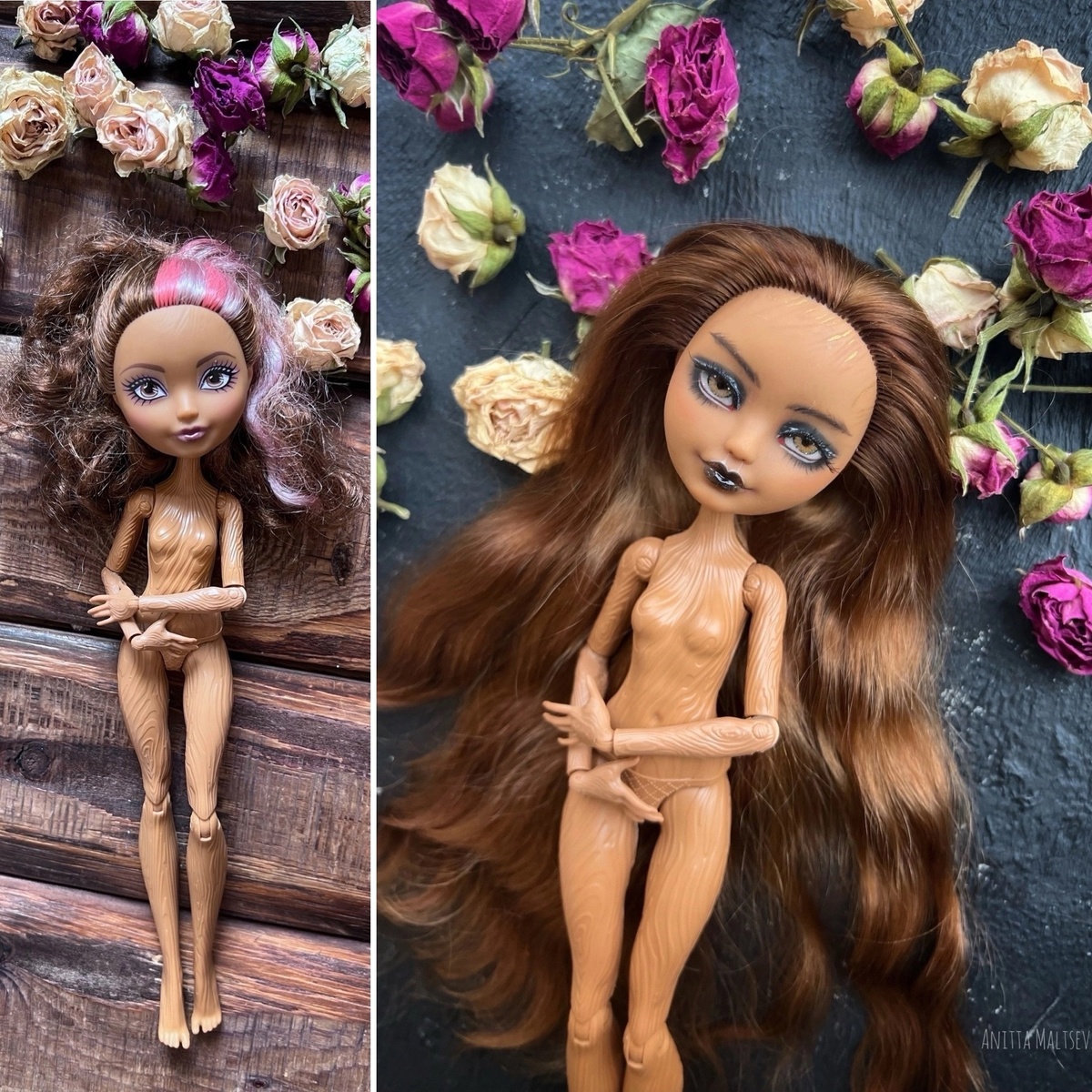 До и После перепрошивки волос и перерисовки личика куклы