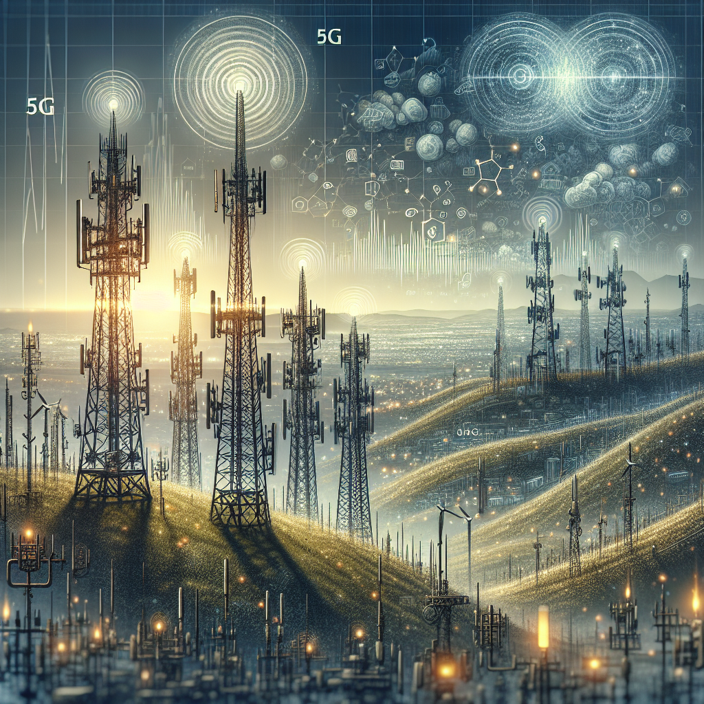 Сравнение технологий 4G и 5G, высокие башни с антеннами, передача данных.