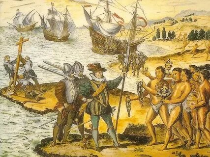 Открытие "Америки". Первая запись Колумба: «50 солдат достаточно для того, чтобы покорить их всех и заставить делать всё, что мы хотим. Местные жители разрешают нам ходить, где мы хотим, и отдают нам всё, что мы у них просим».