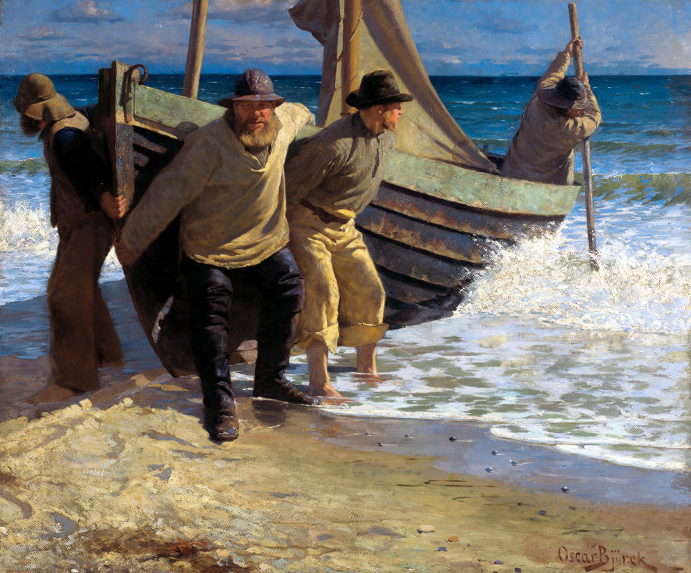 Оскар Бьёрк, "Спуск лодки на воду. Скаген", 1884 год, музей Скагена, Скаген, Дания.