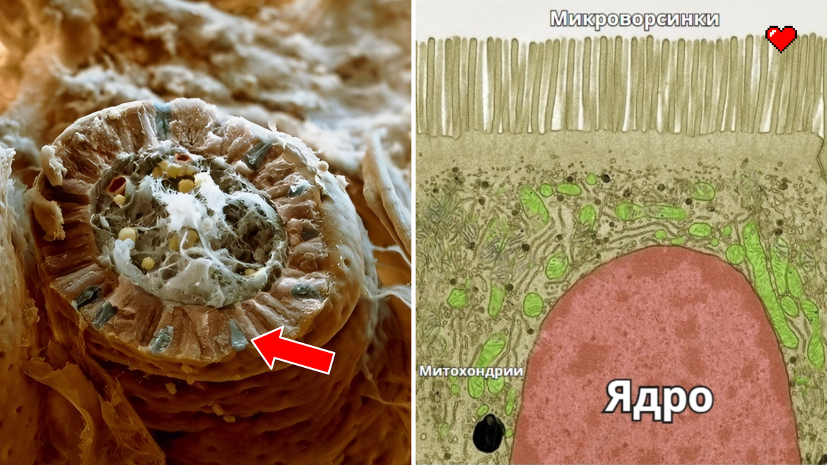 Микроворсинки эпителиальных клеток кишечной ворсинки.