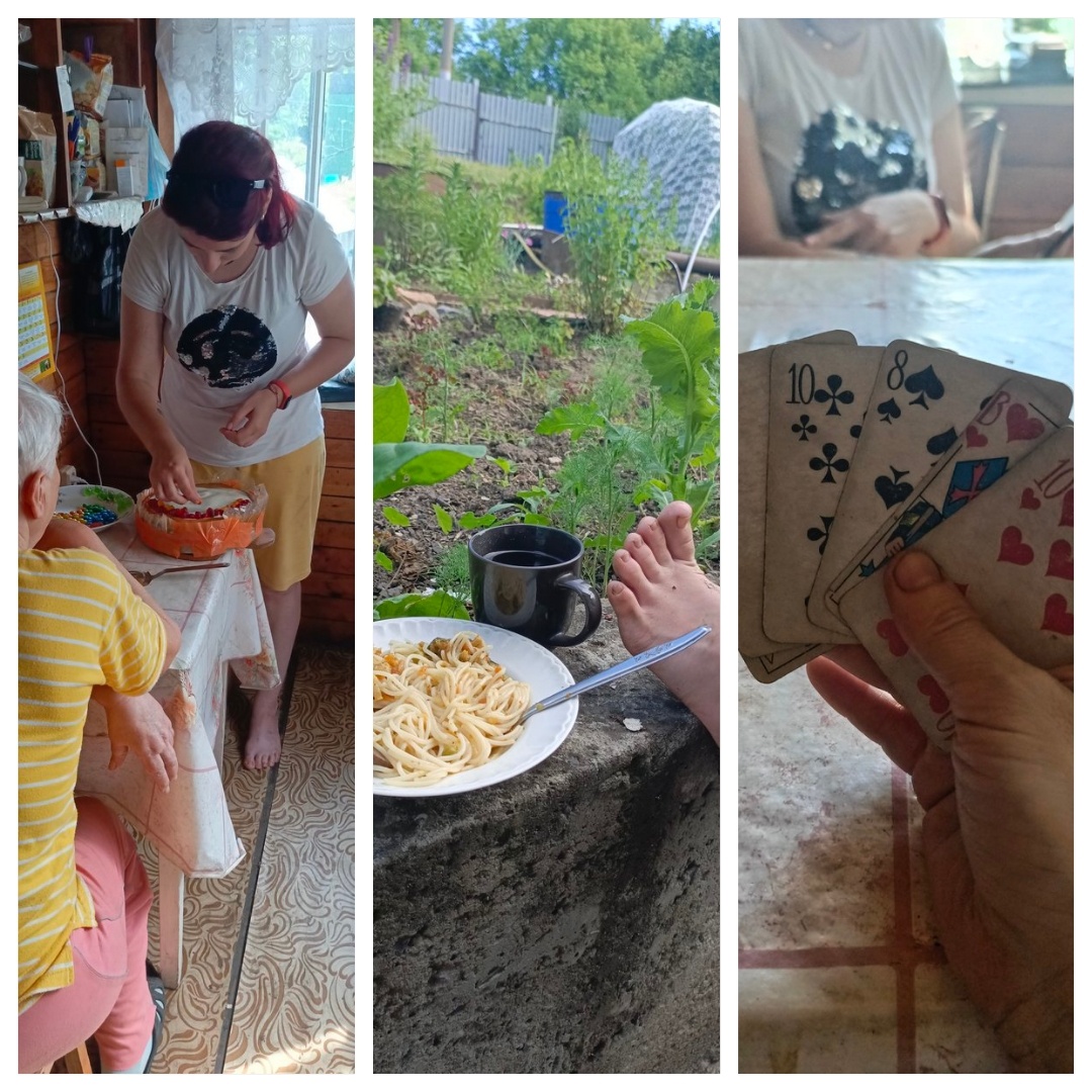 Торт для сестры, контейнер из подручных материалов. Карты после еды, уже традиция.