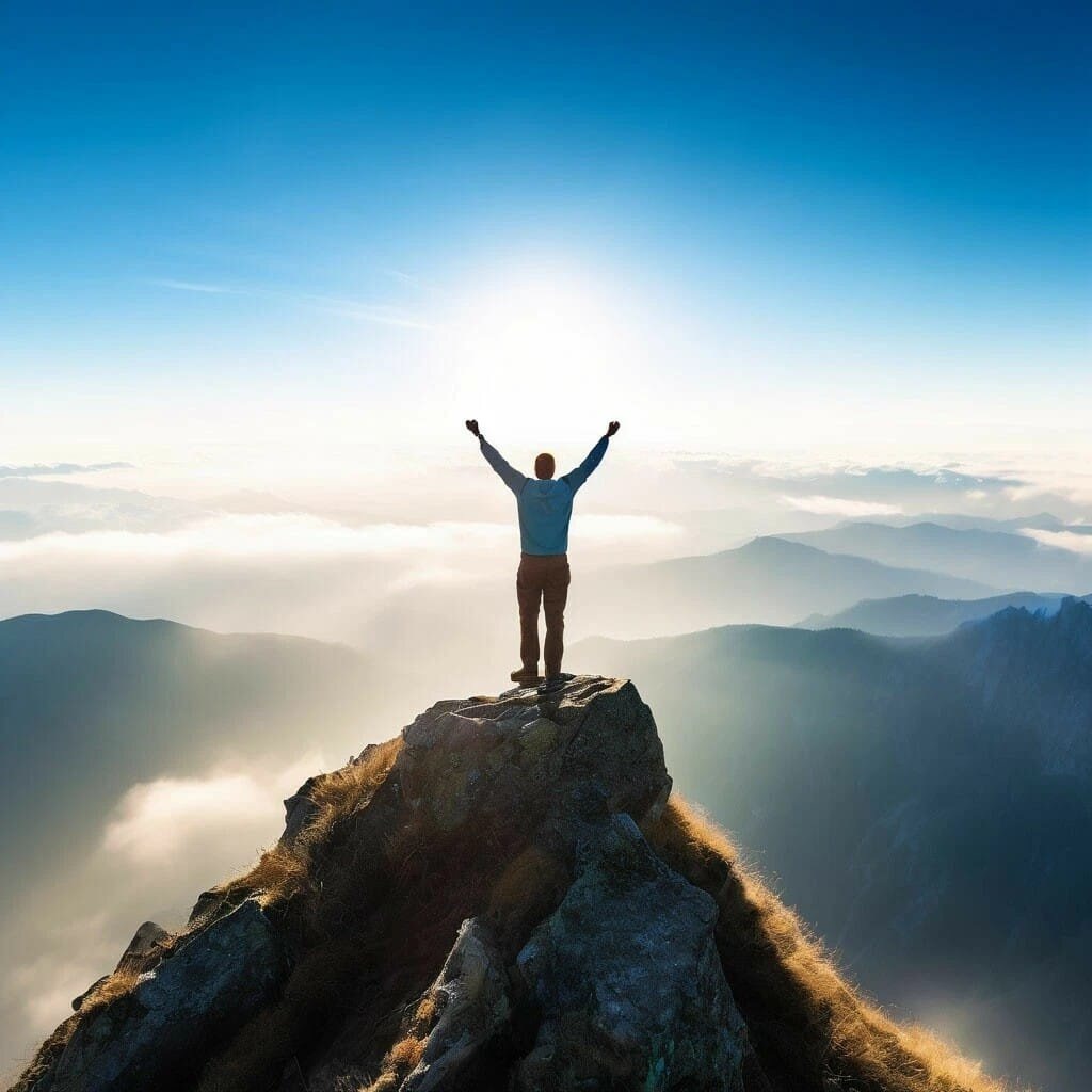 "Изображение человека на вершине горы иллюстрирует концепцию самодисциплины и достижения целей. Этот символический образ подчеркивает важность упорства и настойчивости в преодолении трудностей на пути к успеху и личной эффективности."