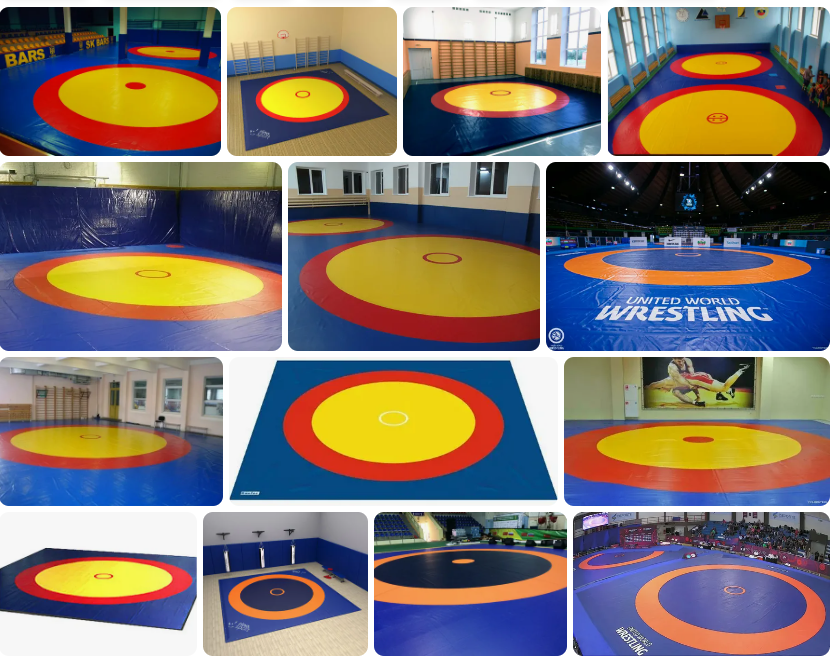 Вид борцовских ковров различного размера и расцветки