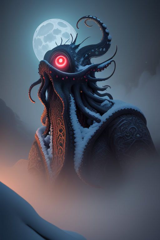 сверхвысокая детализация, кинематографичный, 32k, зима, снегопад, люминизм, иллюстрация из сборника рассказов, кошмарный призрачный монстр, борода с щупальцами осьминога, большие светящиеся глаза, страшное лицо, высокодетализированная кожа, замысловато украшенный, филигранно детализированный светящийся необычный нежный туман, цветные капли, лунный свет , ночь, облака, сложная поза, шедевр, идеальная композиция, Ultra HD, реалистичный, яркие цвета, высокая детализация, рисунок UHD, перо и чернила, идеальная композиция, красивый подробный сложный безумно подробный октановый рендер в тренде на artstation, художественная фотография 8k, фотореалистичный концепт-арт, мягкий естественный объемный кинематографический идеальный свет, нарисованный фломастерами
