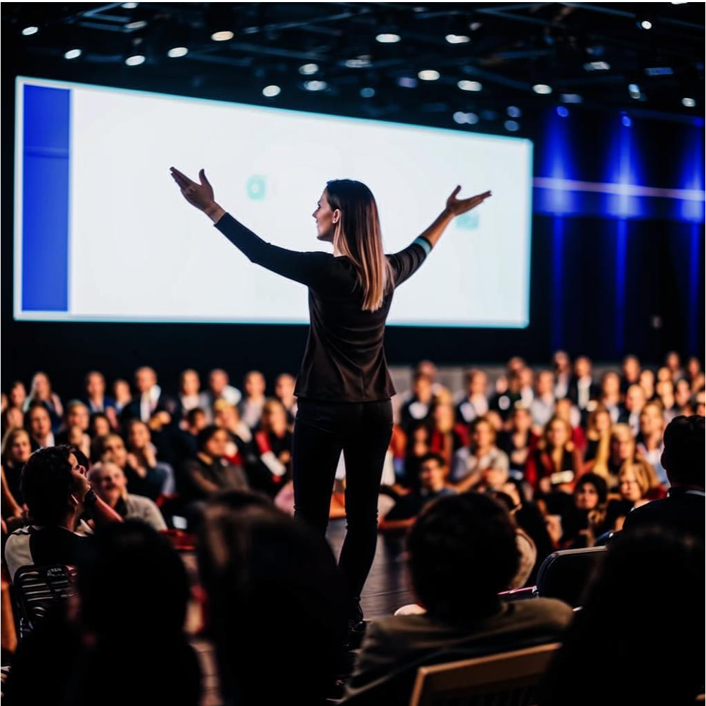 Молодая женщина выступает на сцене перед большой аудиторией. 