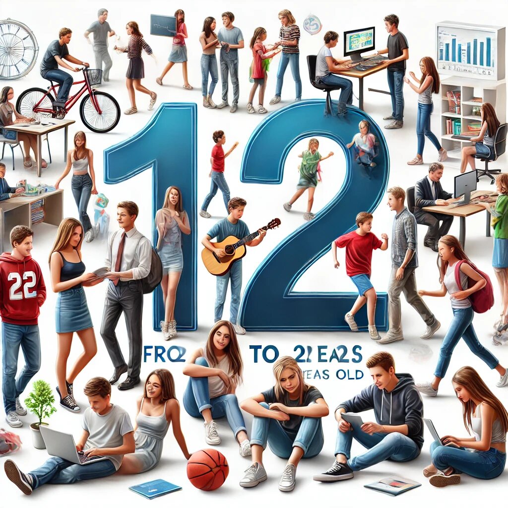 Первое изображение, символизирующее возраст от 12 до 21 года. Картинка включает подростков и молодых людей, занимающихся различными видами деятельности, такими как учеба, работа, участие в социальных проектах и взаимодействие с ровесниками.