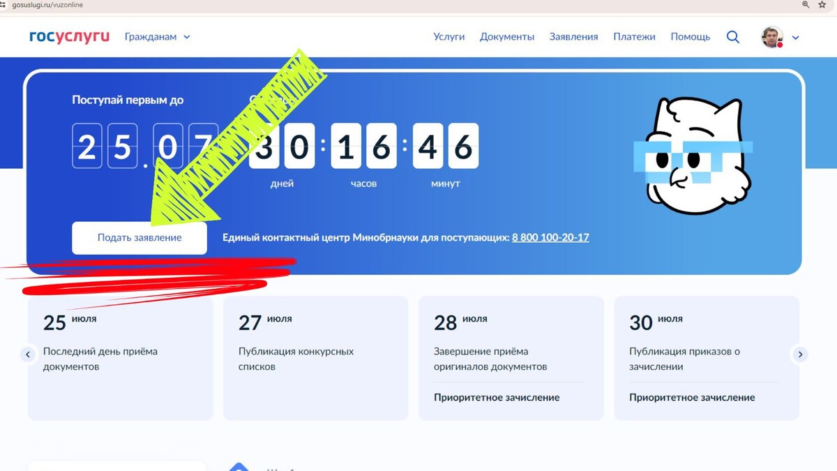 Сайт Госуслуг. Кнопка начала подачи документов. Взвести все "за" и "против" перед началом.
